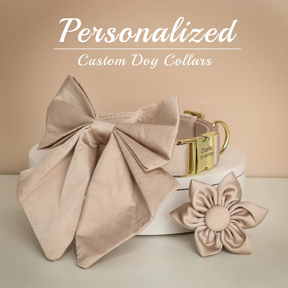 Personalized Silk Dog Collar with Bowtie & Flower – Custom Engraved ID Tag | Adjustable Wedding Collar for Small, Medium & Large Dogs