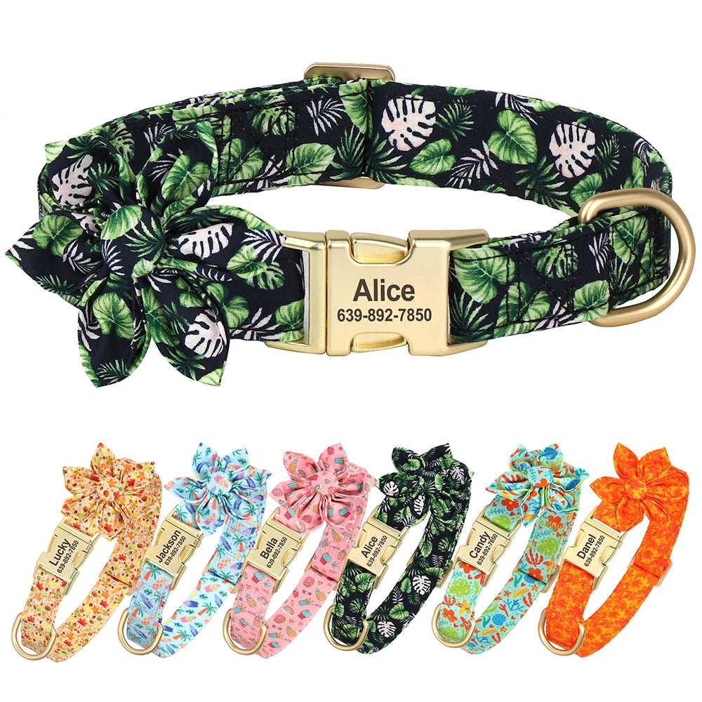 Personalized Dog Collar with Flower Print – Custom Engraved Nameplate | Adjustable Nylon Pet Collar for Small, Medium & Large Dogs