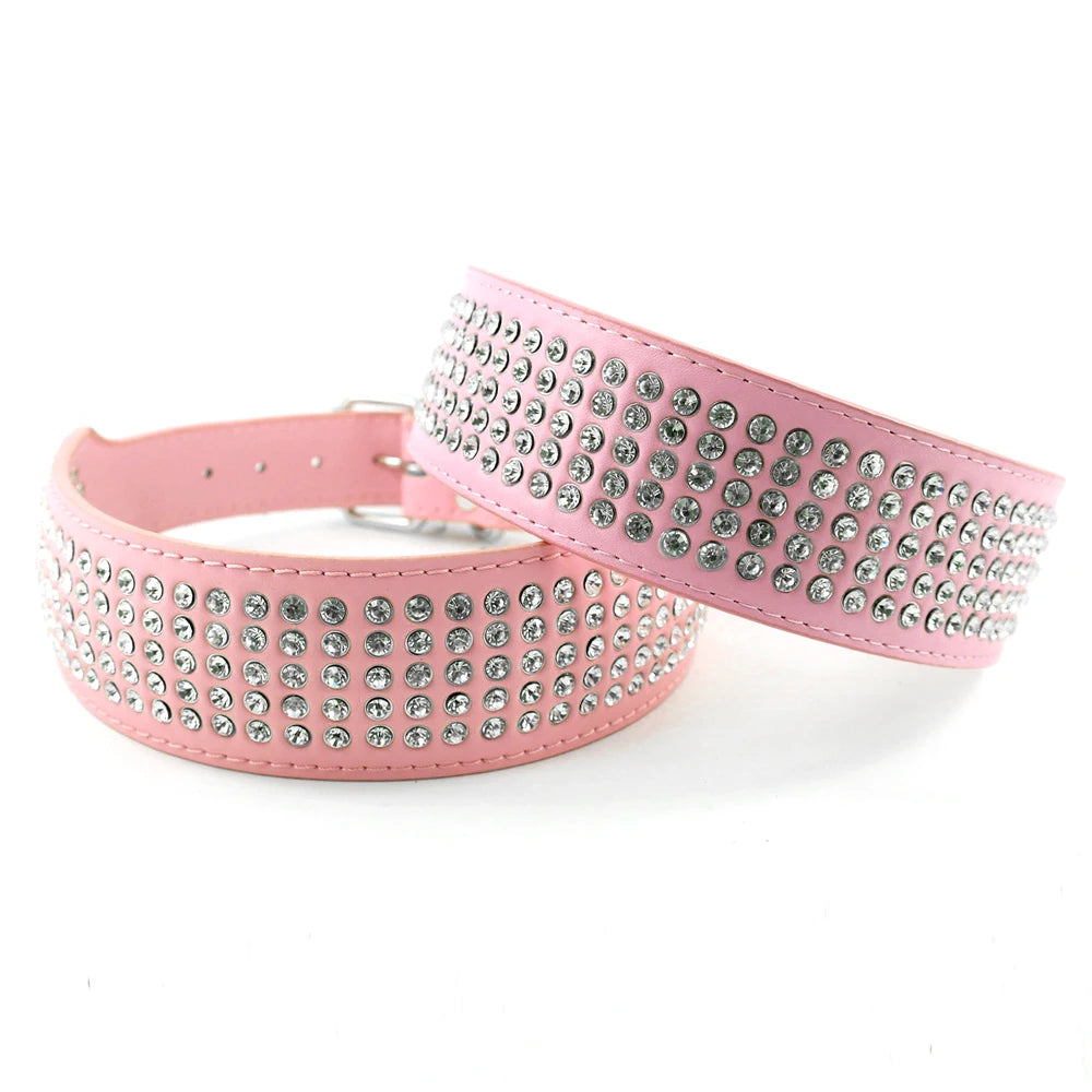 2" Width 5 Rows Rhinestone Dog Puppy Pet Collars – Bling Leather Diamante Collar XS–XL