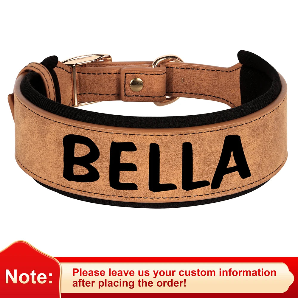 Custom Print Dog Collar – Wide Soft Padded PU Leather Name Collar for Medium & Large Dogs (Free Personalized Print)