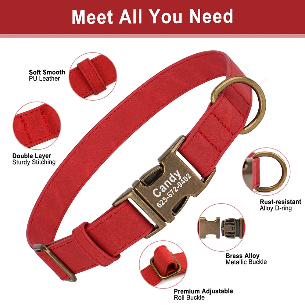 Personalized Anti-Lost Dog Collar – Custom ID Tag Engraved | PU Leather Collar with Free Nameplate for Dogs
