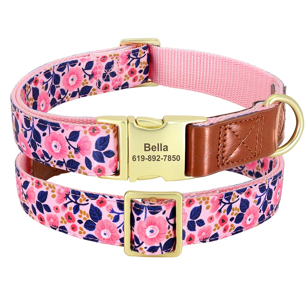 Custom Engraved Dog Collar – Adjustable Floral Buckle Collar with Anti-Lost ID Tag for Small, Medium & Large Dogs