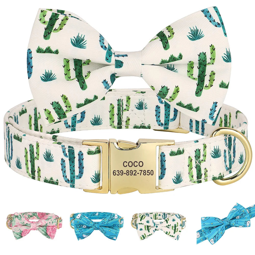 Personalized Flower Dog Collar with Bowtie – Free Engraving, Adjustable Sizes