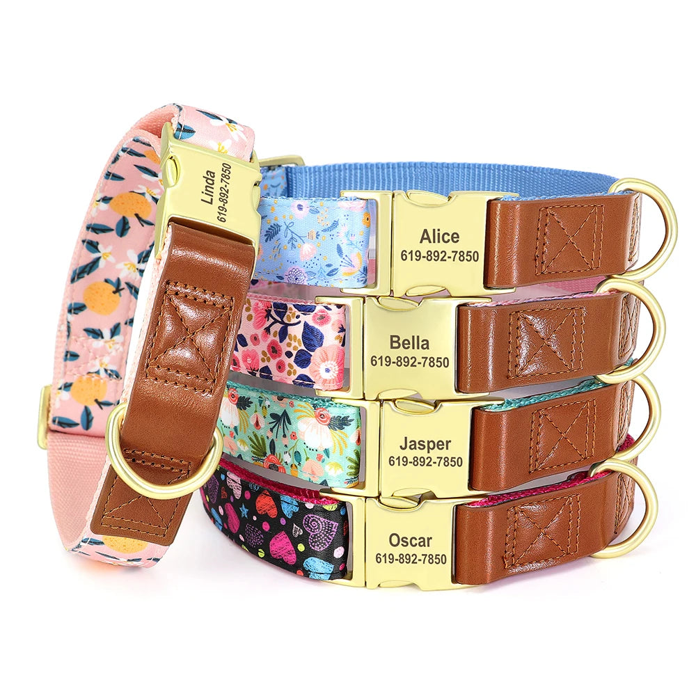 ✨ Personalized Nylon & Leather Dog Collar – Free Custom Engraving Included!
