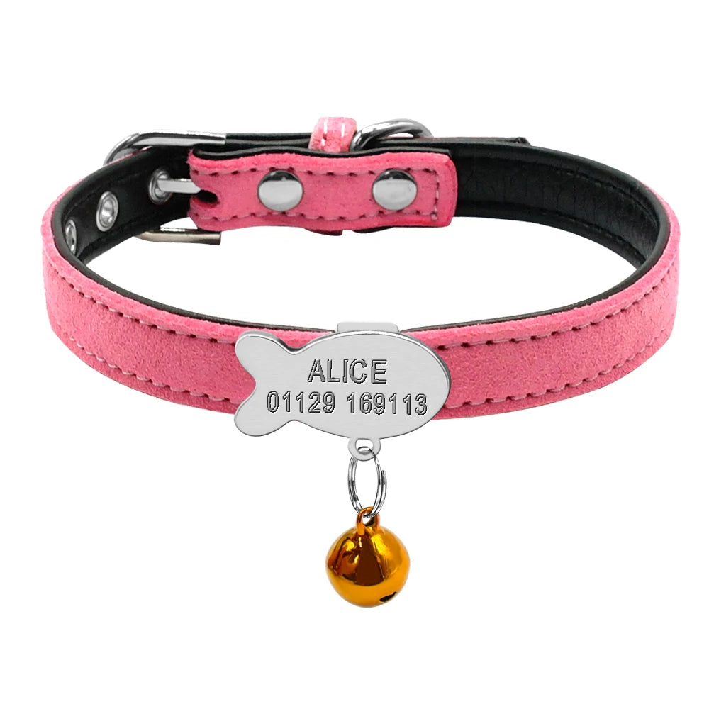Personalized Leather Cat Collar – Custom Engraved Nameplate with Bell – Adjustable for Kittens, Cats & Small Dogs