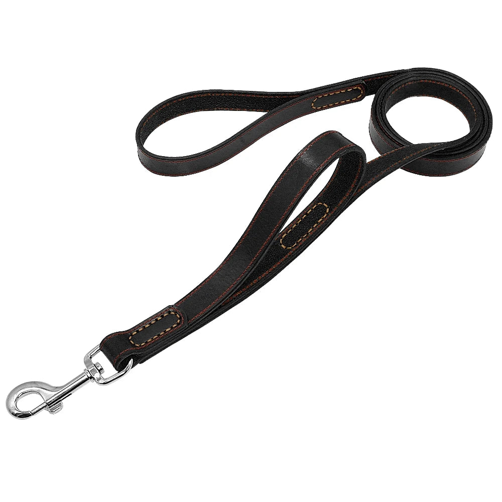 Genuine Leather Dog Leash – Double Handle Training & Walking Lead for Medium & Large Dogs
