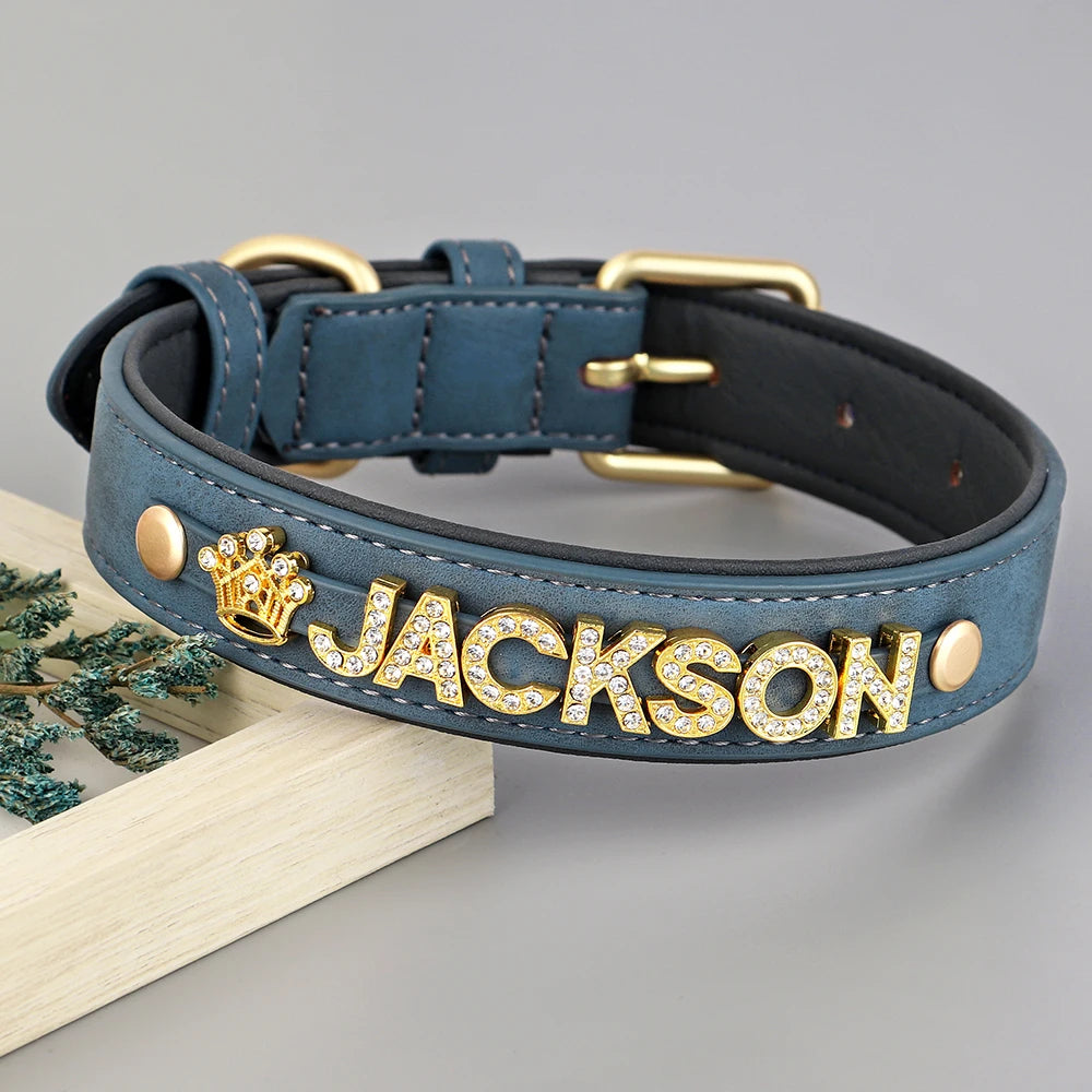Custom Leather Dog Collar – Personalized Bling with Name & Charms
