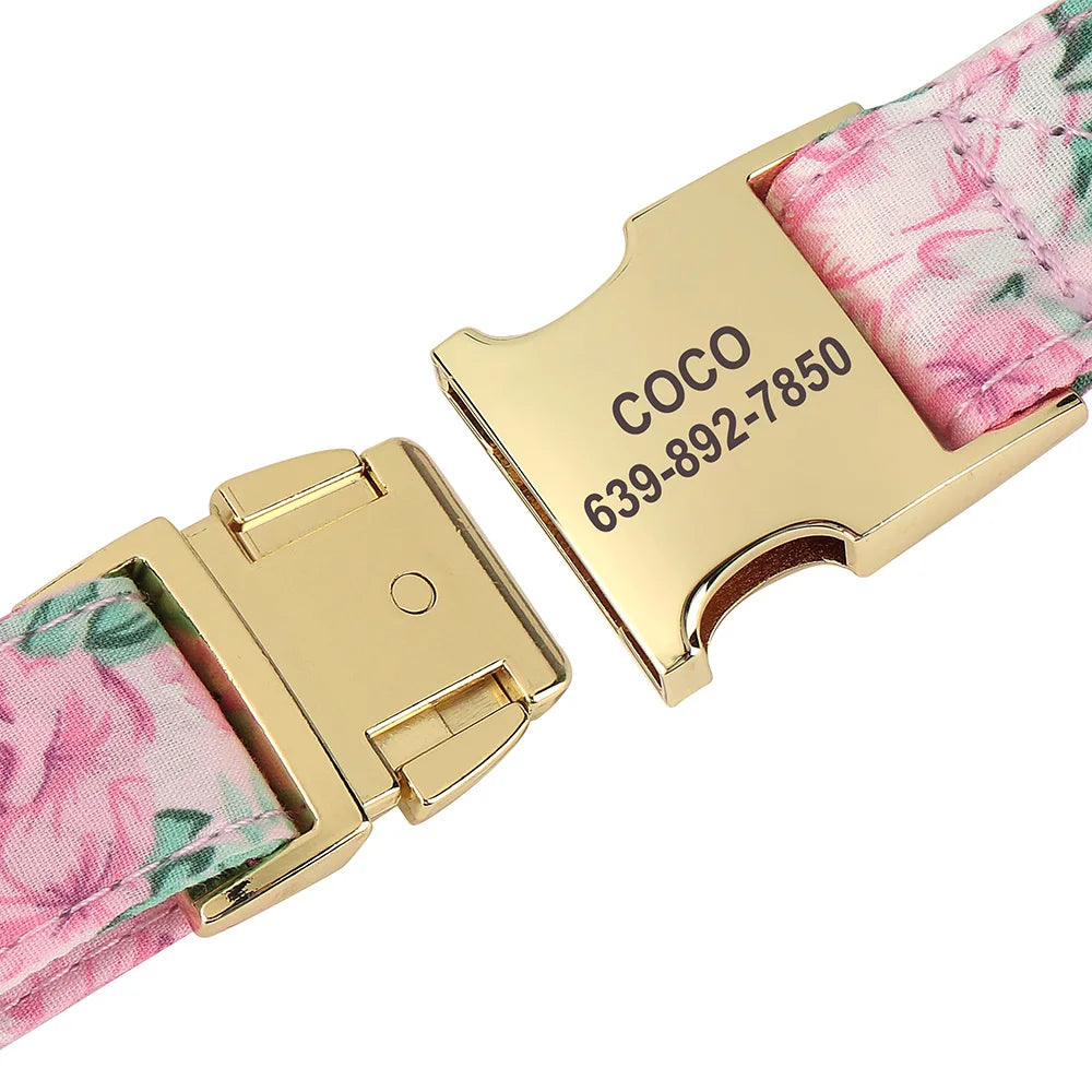 Personalized Flower Dog Collar with Bowtie – Free Engraving, Adjustable Sizes
