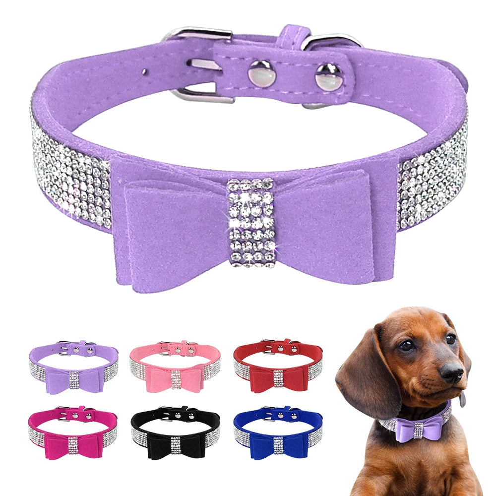 Bling Rhinestone Dog Collar with Bowknot – Adjustable Suede Collar for Small & Medium Pets
