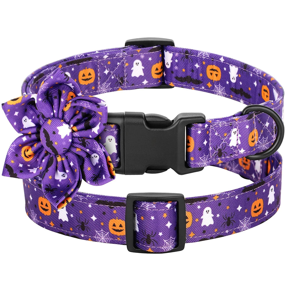 Halloween Nylon Dog Collar with Flower – Adjustable Pumpkin Pet Collar for Small Medium Large Dogs
