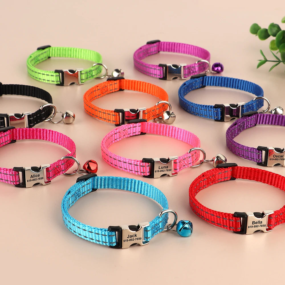Reflective Personalized Nylon Dog & Cat Collar with Custom Engraved ID Tag & Bell – Adjustable Safety Collar for Small & Medium Pets