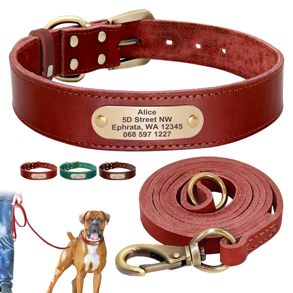 🦴 Custom Leather Dog Collar & Leash Set — Personalized for Safety & Style 🐾