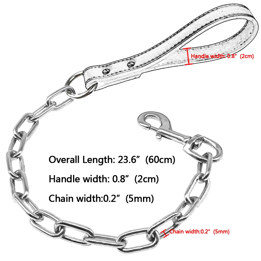 Durable Dog Chain Leash with Leather Handle – Heavy Duty Chrome Steel Pet Lead for Small & Large Dogs