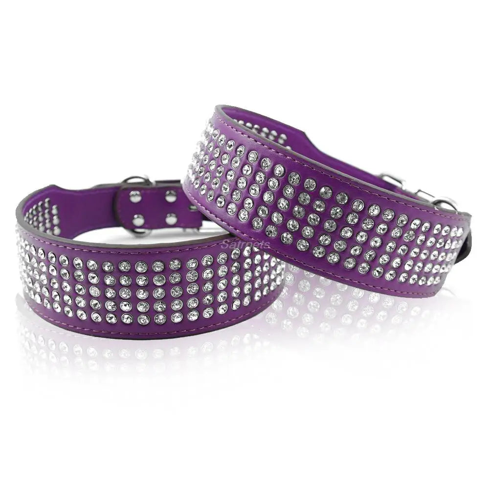 2" Width 5 Rows Rhinestone Dog Puppy Pet Collars – Bling Leather Diamante Collar XS–XL