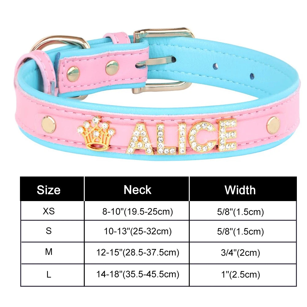 Bling Personalized Dog & Cat Collar – PU Leather Puppy Chihuahua Necklace with DIY Rhinestone Name & Free Charms