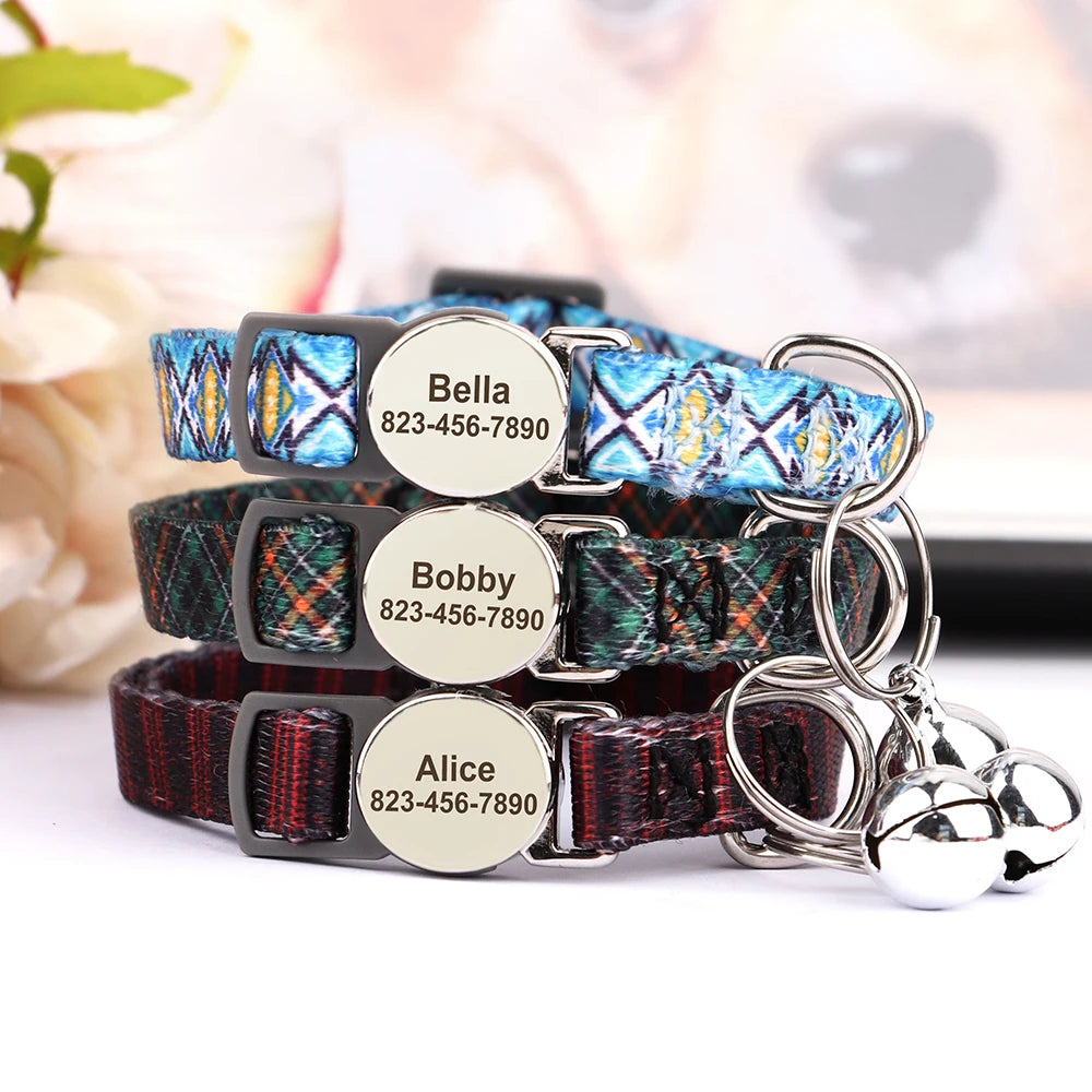 Custom Cat Collar with Engraved ID Tag & Bell – Personalized Safety Collar for Cats & Small Dogs