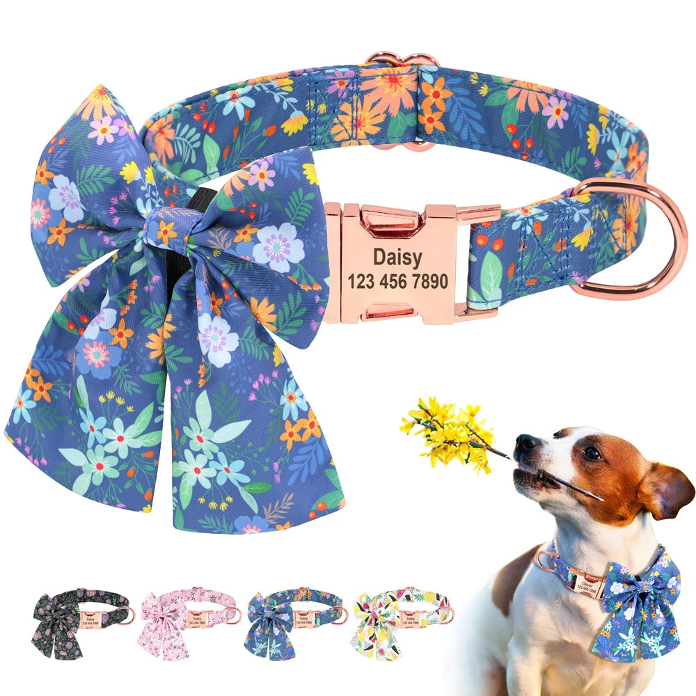 Personalized Dog Collar with Bowknot – Custom Engraved Nylon ID Collar | Adjustable Anti-Lost Pet Necklace for Small & Large Dogs
