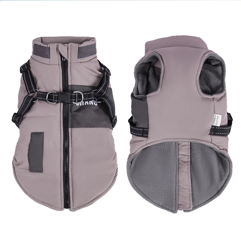 Waterproof Winter Dog Jacket with Built-In Harness & Reflective Belt