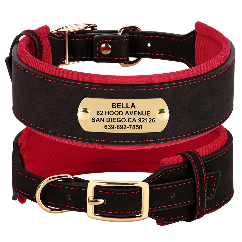 Customized Engraved Wide Leather Dog Collar – Soft Padded for Medium & Large Dogs