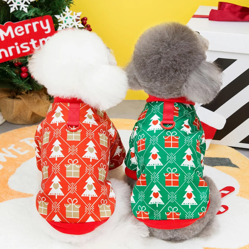 Christmas Dog T-Shirt – Holiday Outfit with Christmas Tree Pattern