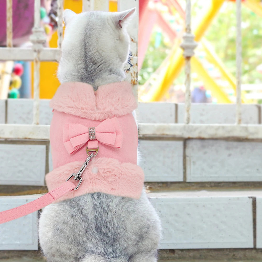 Warm Fur Dog Harness and Leash Set Rhinestone Bowknot Pet Vest Winter Pets Puppy Clothes Vest Small Dog Clothing French Bulldog