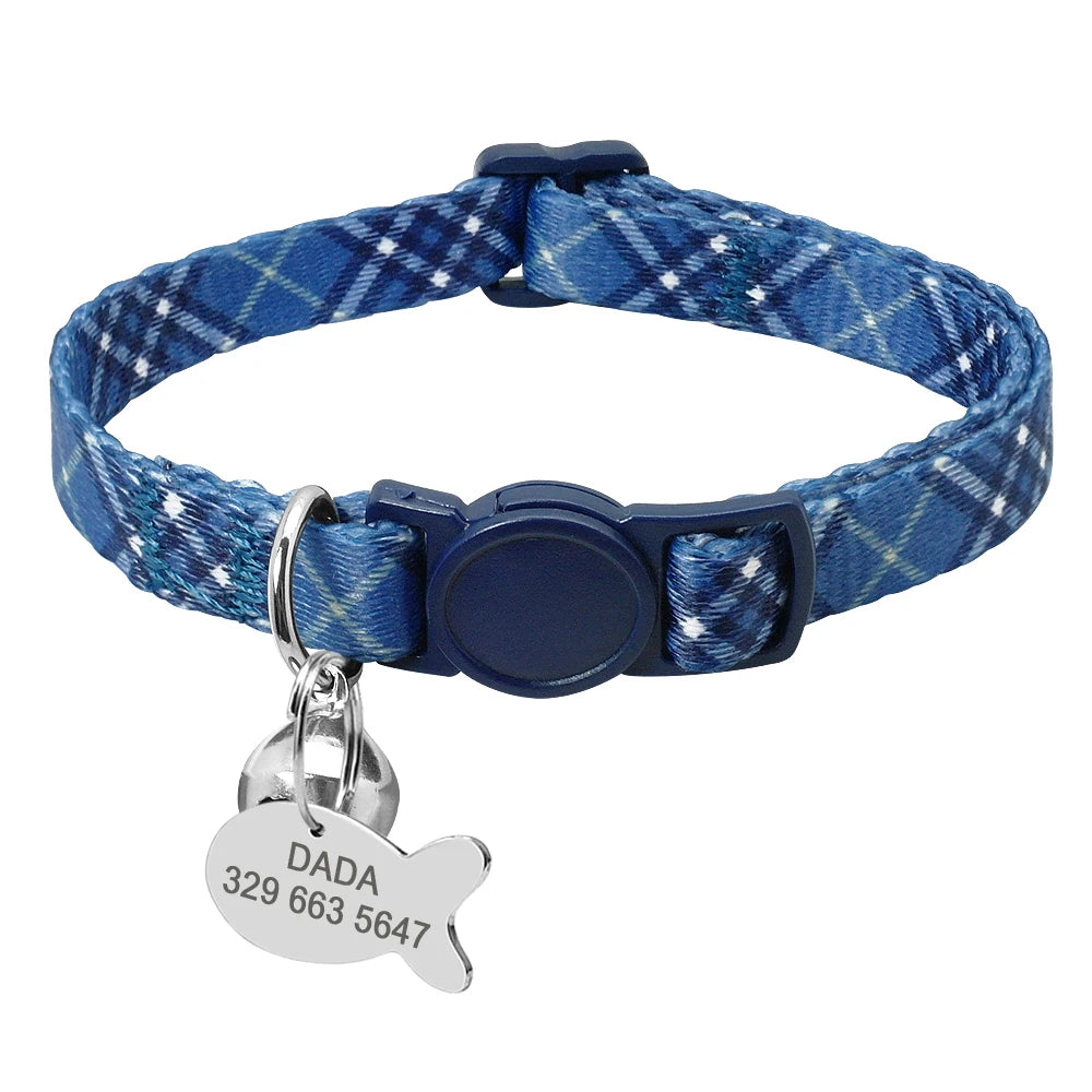 Personalized Cat Collar with Engraved Fish Tag – Adjustable Nylon Collar for Cats & Small Dogs