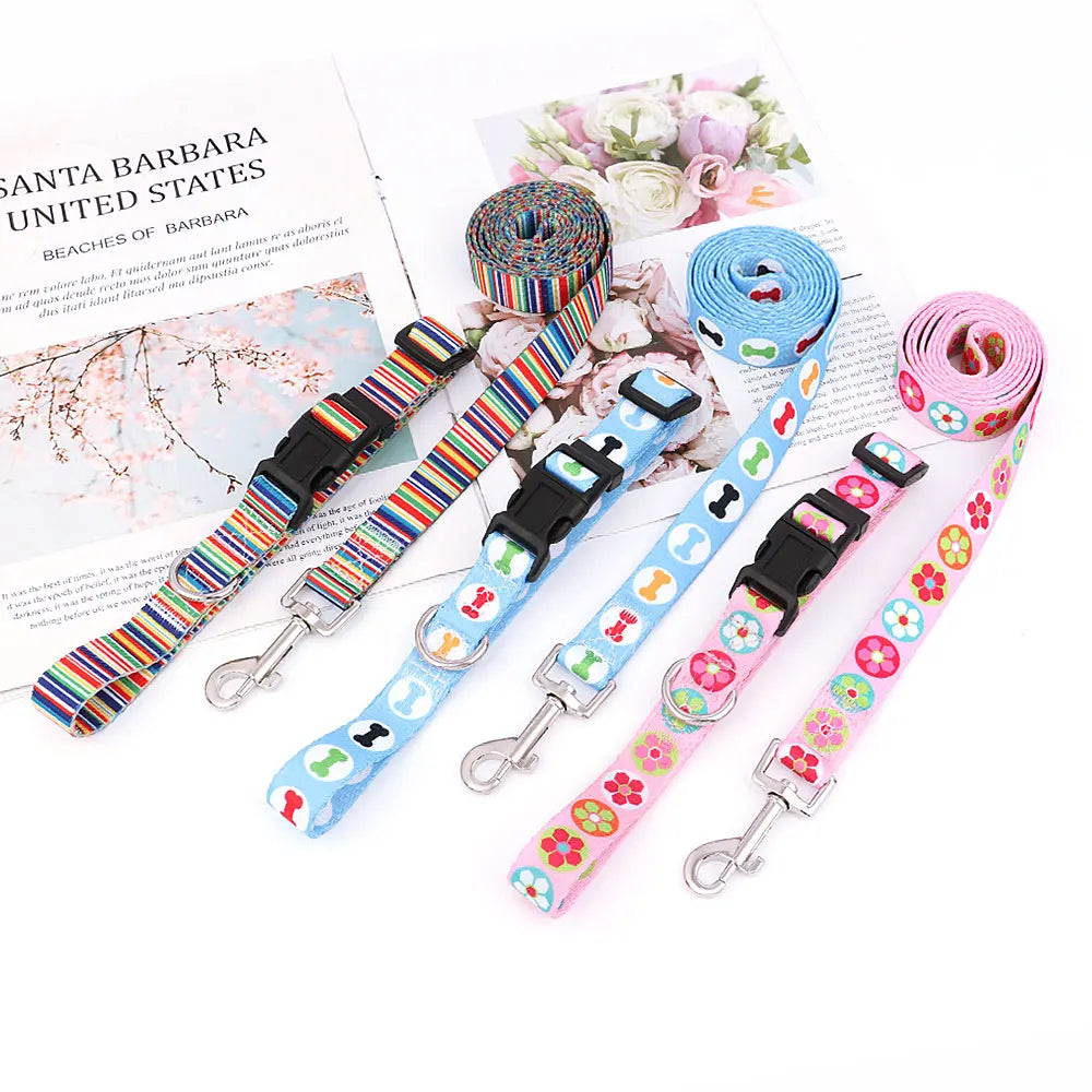 Cute Puppy Dog Collar & Leash Set – Adjustable Printed Nylon Collar with Matching Lead for Small Dogs & Cats (Flower/Bone/Striped Prints)