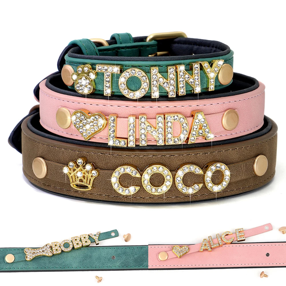 Custom Dog Name Collar – Bling Rhinestone Leather Collar with Free Charms & Personalized Letters