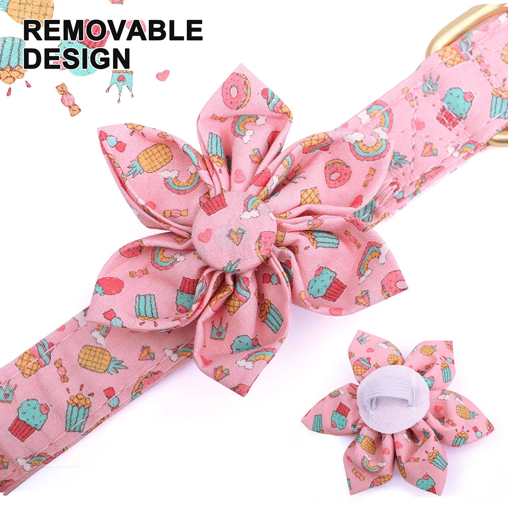 Personalized Dog Collar with Flower Print – Custom Engraved Nameplate | Adjustable Nylon Pet Collar for Small, Medium & Large Dogs
