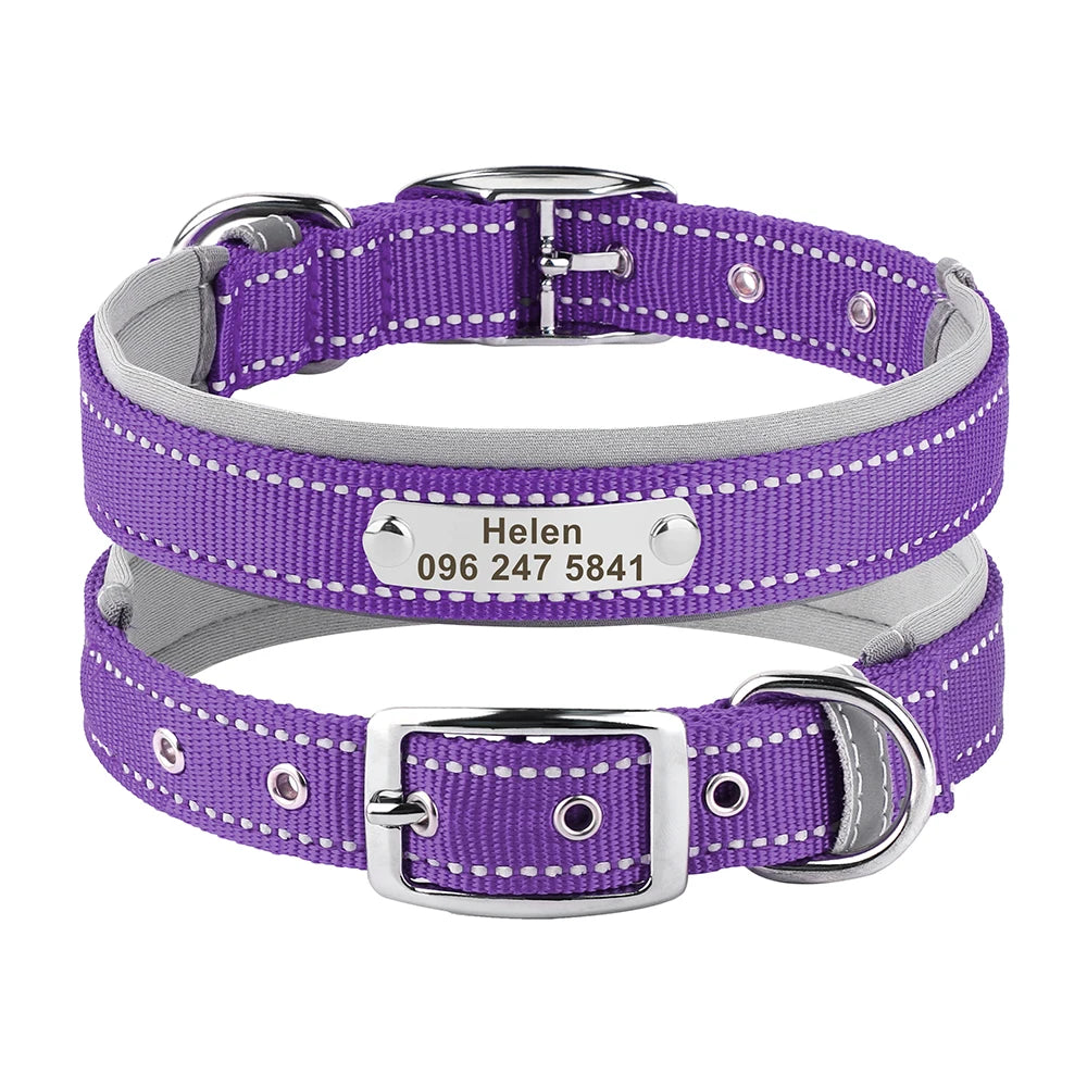Personalized Reflective Nylon Dog Collar – Custom Engraved ID Tag for Small, Medium & Large Dogs