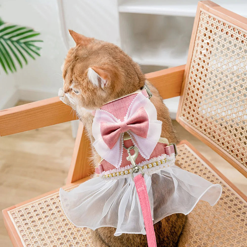Princess Dog Cat Harness And Leash Set Lace Bowknot Pet Harness Chest Strap Dress For Fashion Chihuahua Cats Accessories