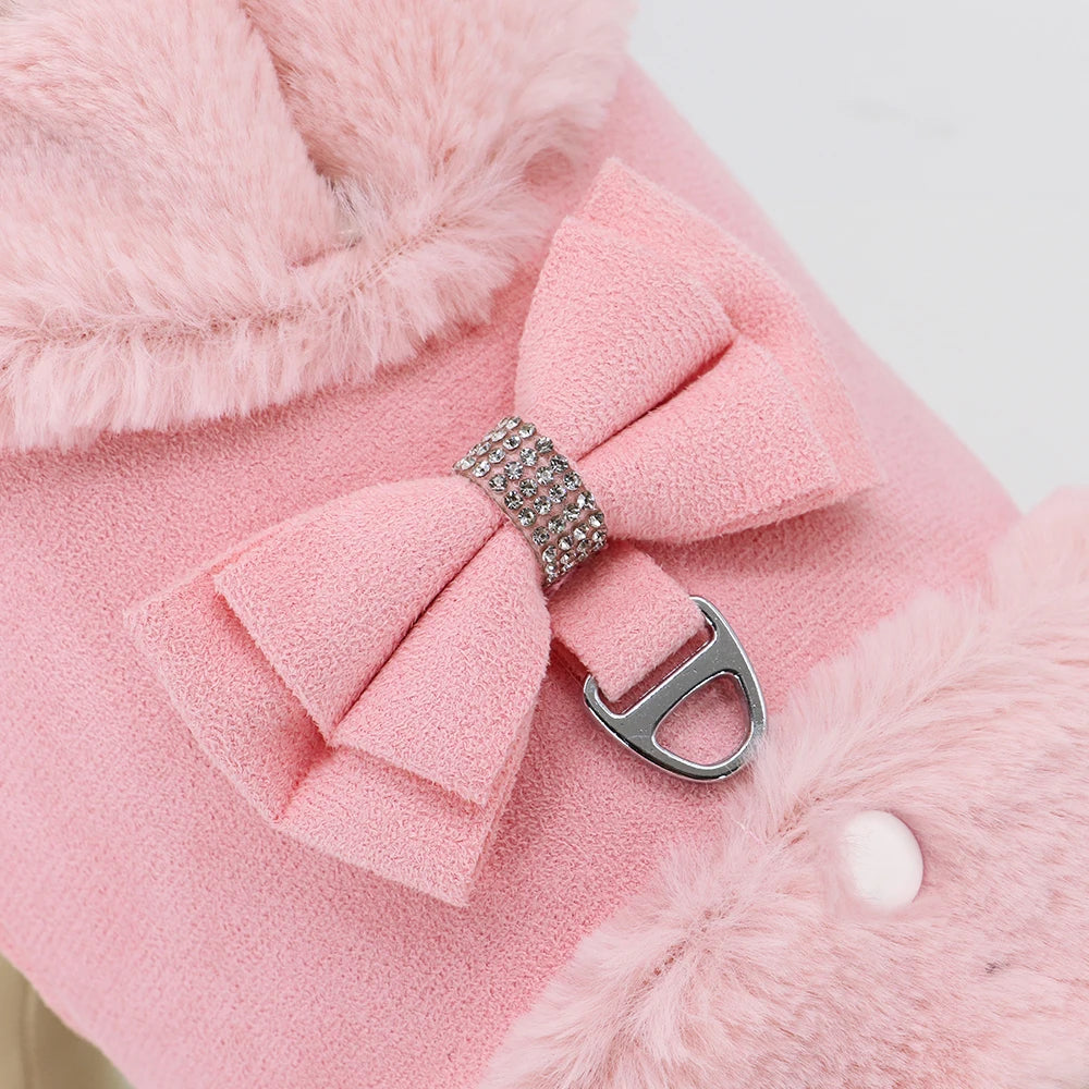Warm Fur Dog Harness and Leash Set Rhinestone Bowknot Pet Vest Winter Pets Puppy Clothes Vest Small Dog Clothing French Bulldog