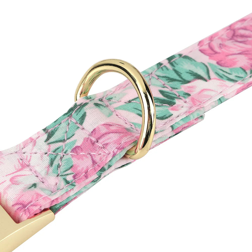Personalized Flower Dog Collar with Bowtie – Free Engraving, Adjustable Sizes