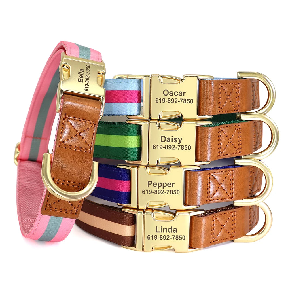 ✨ Personalized Nylon & Leather Dog Collar – Free Custom Engraving Included!