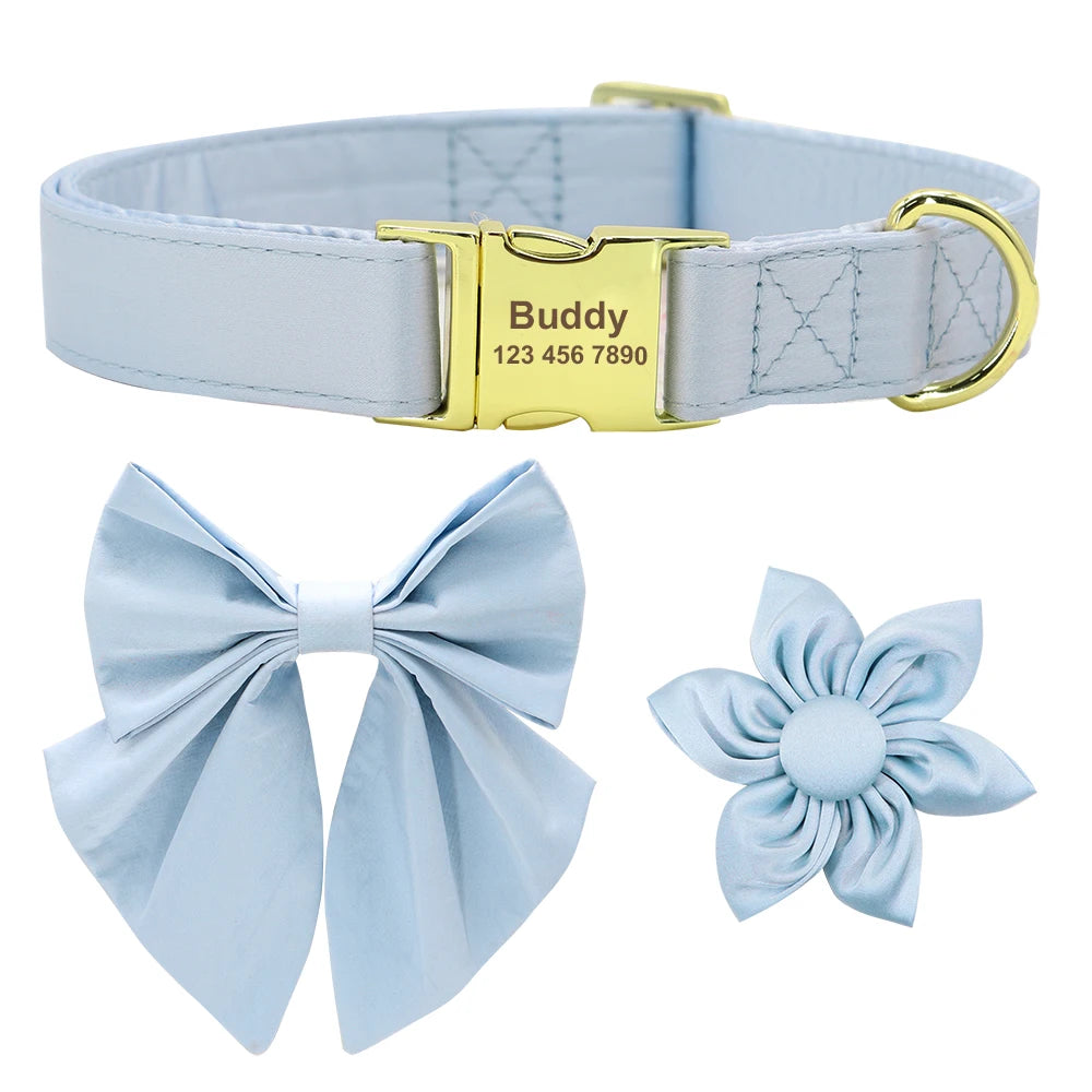 Personalized Silk Dog Collar with Bowtie & Flower – Custom Engraved ID Tag | Adjustable Wedding Collar for Small, Medium & Large Dogs