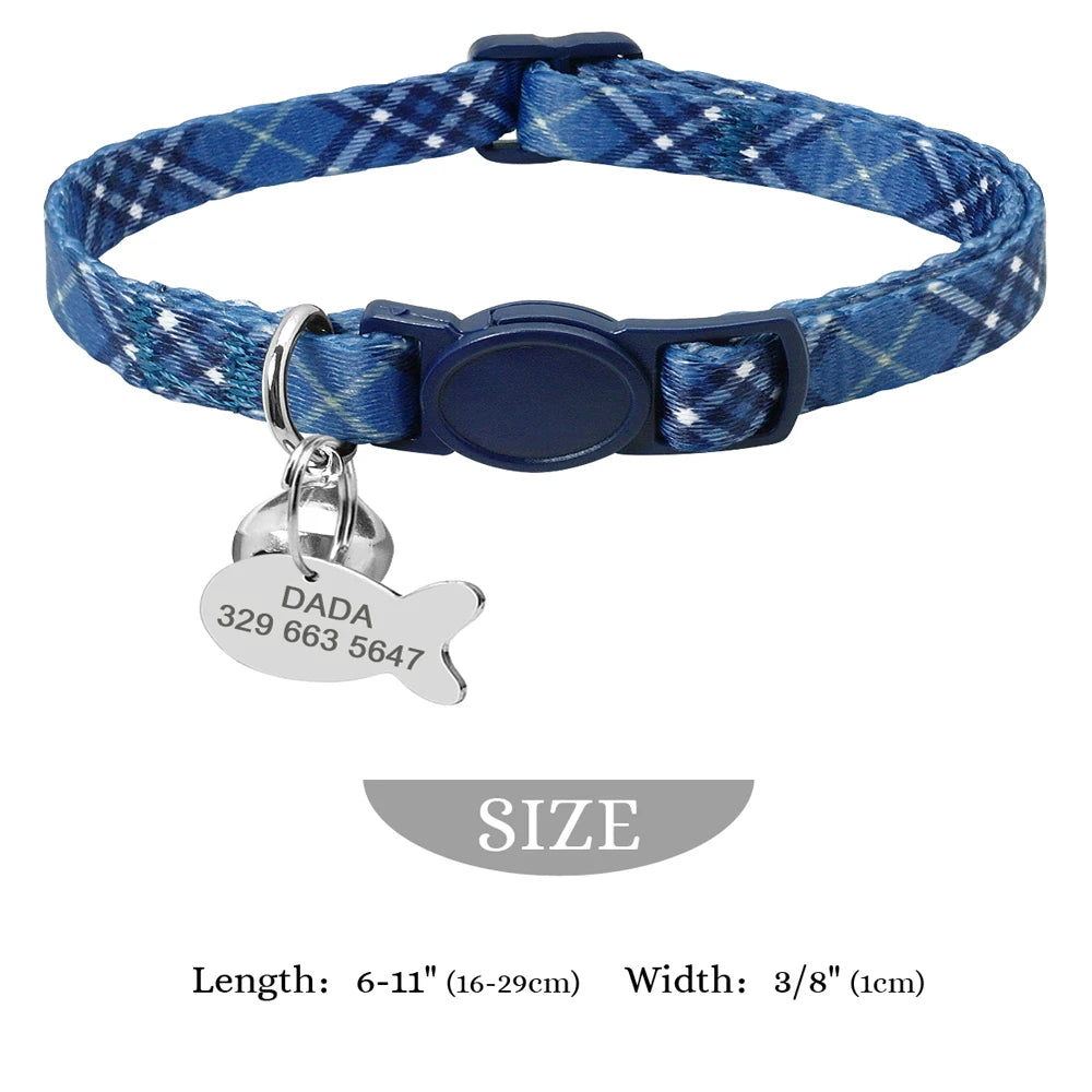 Personalized Cat Collar with Engraved Fish Tag – Adjustable Nylon Collar for Cats & Small Dogs
