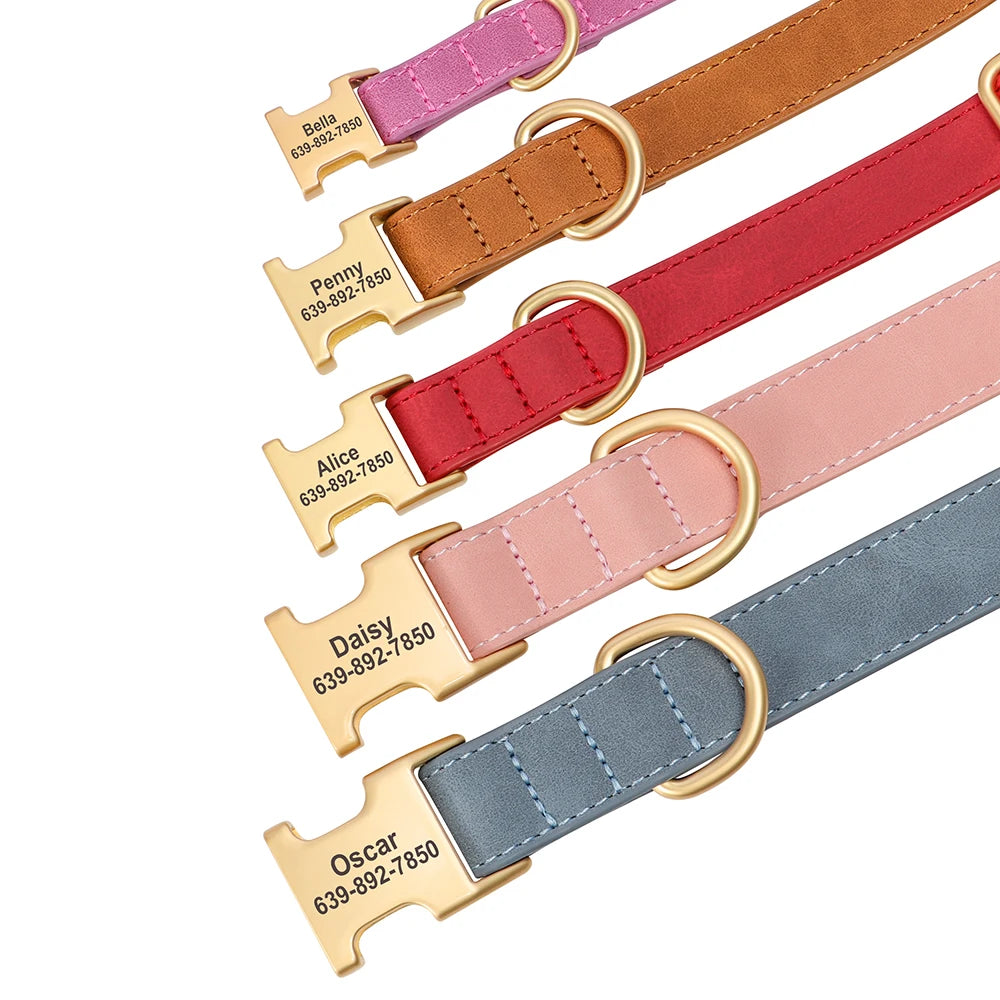Custom Engraved PU Leather Dog Collar – Anti-Lost ID Tag Included