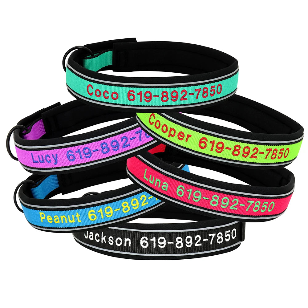 Personalized Embroidered Dog Collar – Reflective Nylon, Custom Name ID Tag – Small Medium Large Dogs