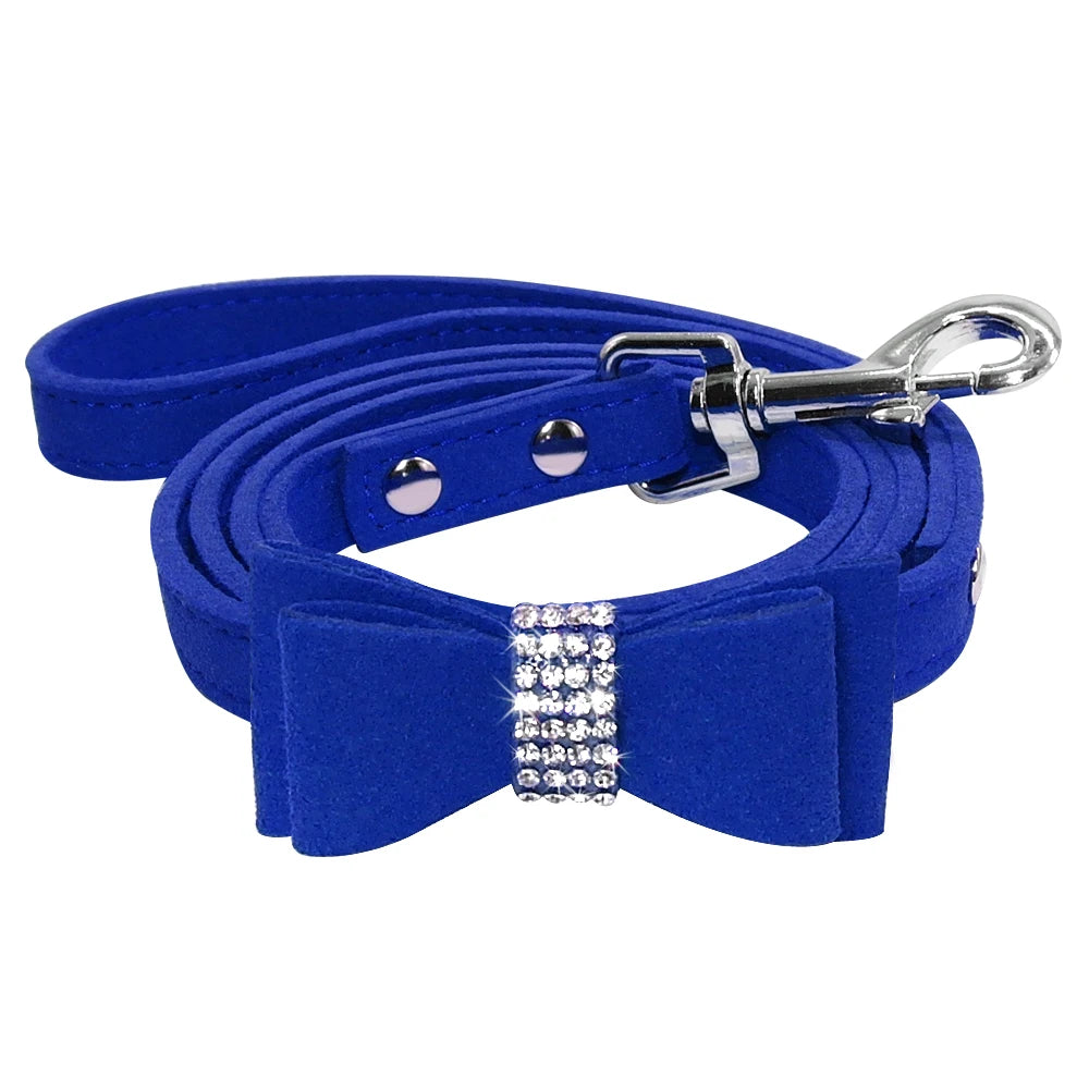 Suede Leather Dog Leash with Rhinestone Bowknot – Stylish Walking Lead for Small & Medium Dogs (Black, Red, Blue, Pink)