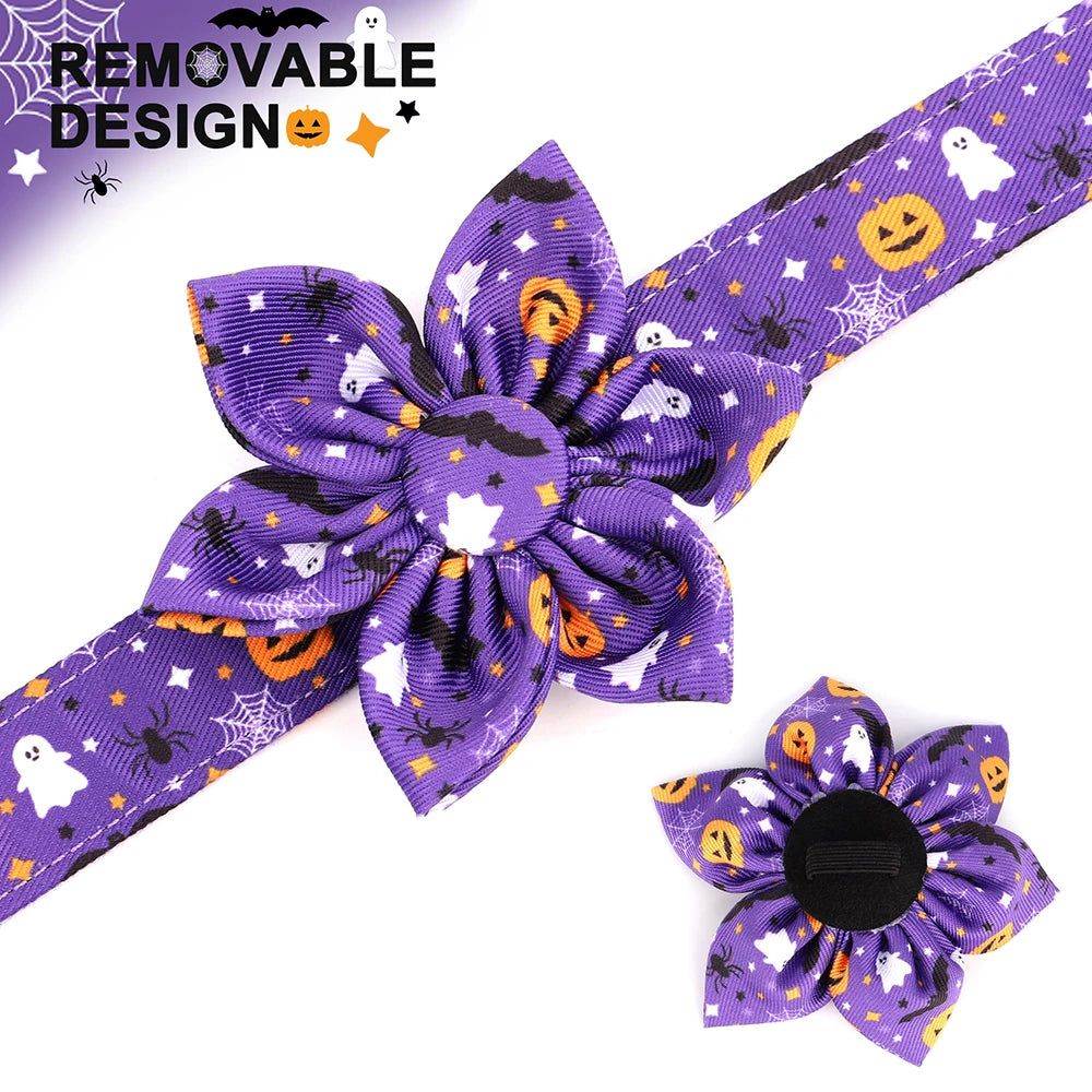 Halloween Nylon Dog Collar with Flower – Adjustable Pumpkin Pet Collar for Small Medium Large Dogs