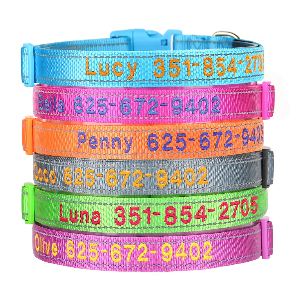 🦴 Custom Embroidered Reflective Dog Collar – Personalized Pet ID Name Nylon Collar for Small, Medium & Large Dogs