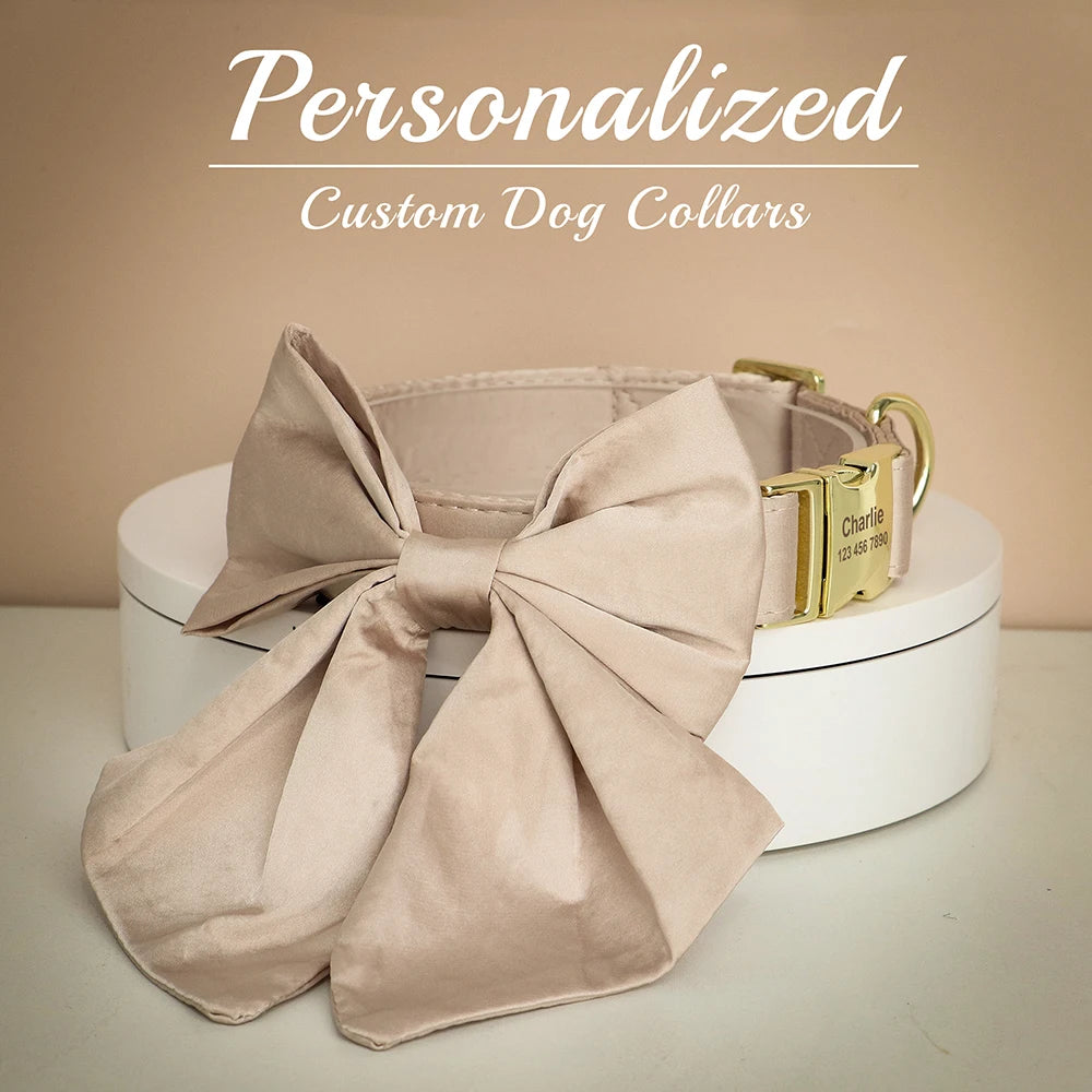 Personalized Silk Dog Collar with Bowtie & Flower – Custom Engraved ID Tag | Adjustable Wedding Collar for Small, Medium & Large Dogs