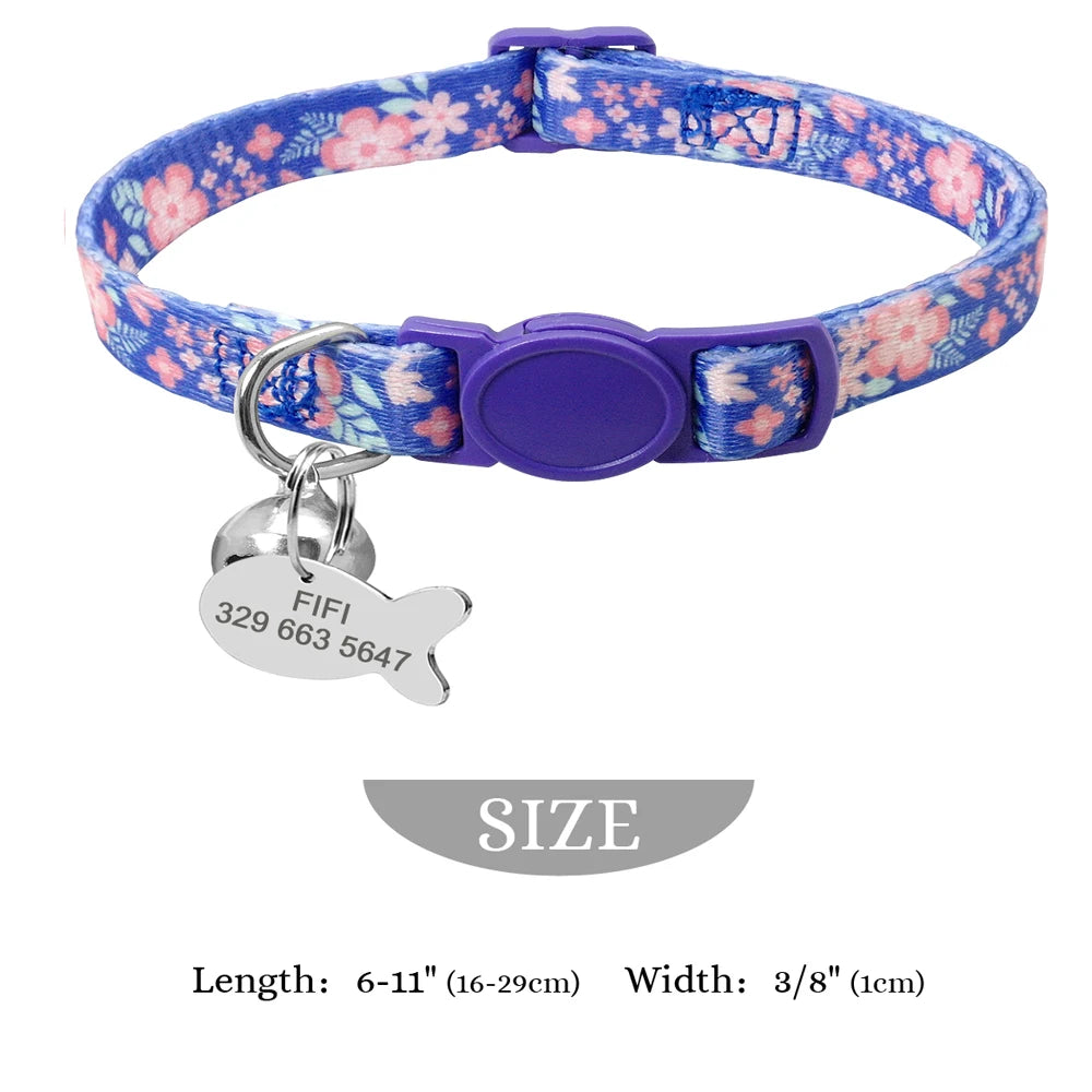 Personalized Cat Collar with Engraved Fish Tag – Adjustable Nylon Collar for Cats & Small Dogs