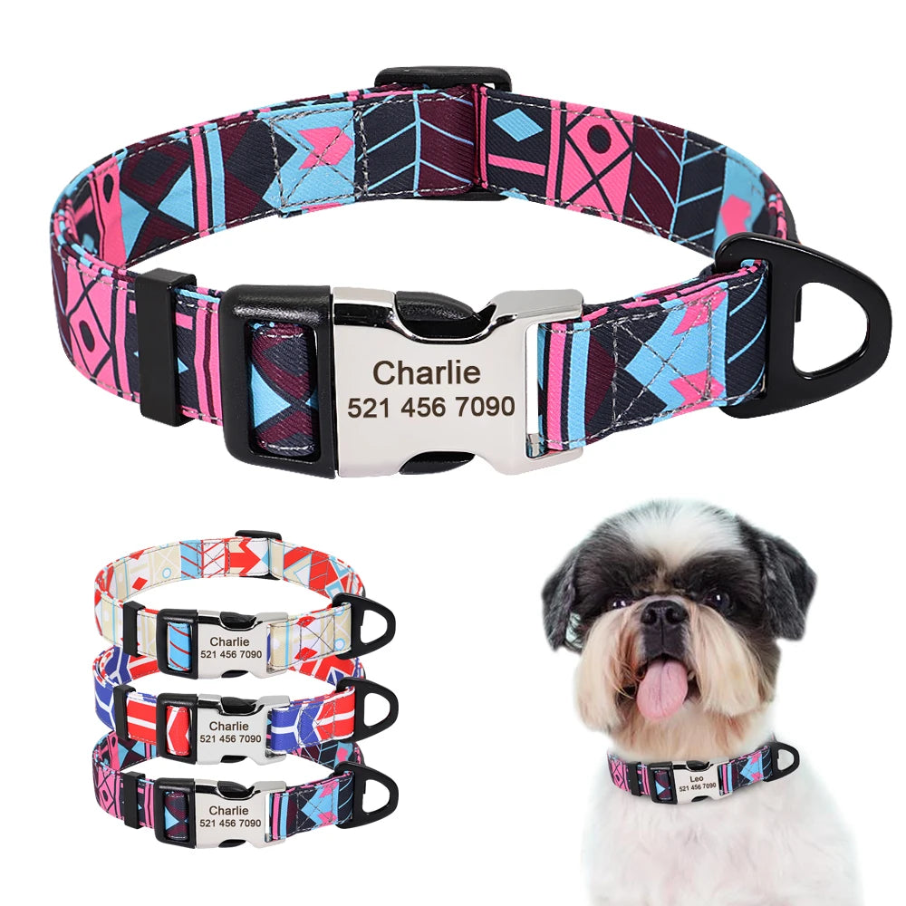 Personalized Nylon Dog Collar with Engraved Nameplate – Custom ID Tag for Small, Medium & Large Dogs