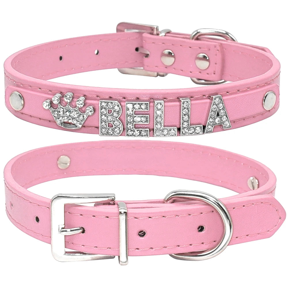 Bling Personalized Dog & Cat Collar – PU Leather Puppy Chihuahua Necklace with DIY Rhinestone Name & Free Charms