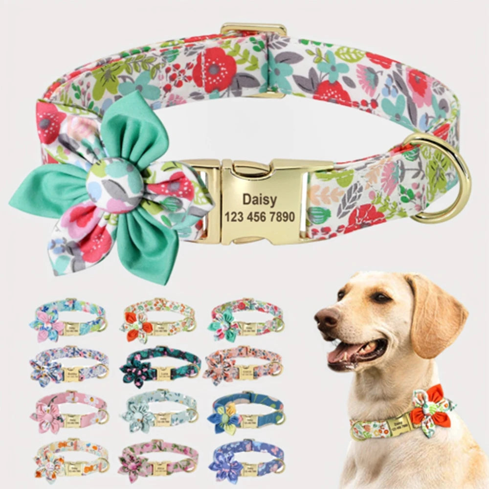 Personalized Dog Collar with Flower Print – Custom Engraved Nameplate | Adjustable Nylon Pet ID Collar for Small, Medium & Large Dogs