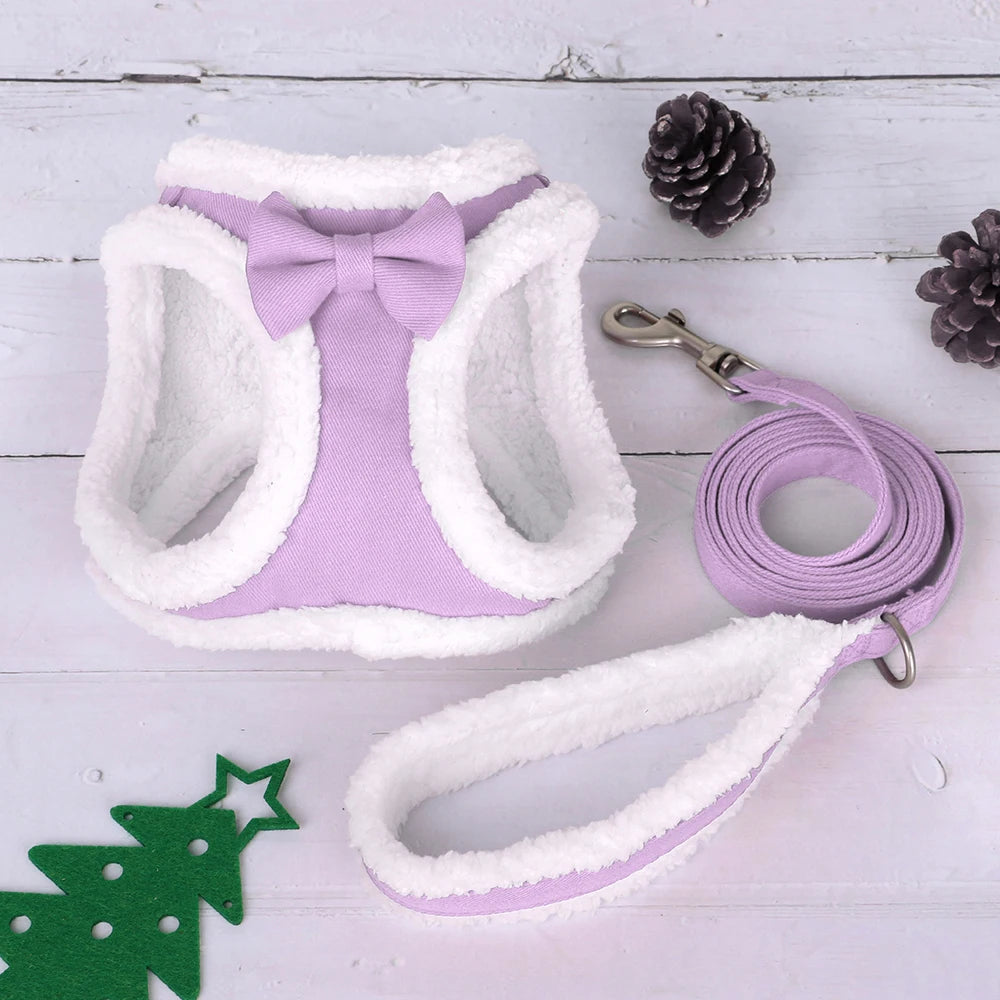 Winter Warm Dog Harness Leash Set – Soft Fleece Pet Vest with Bowtie for Small & Medium Dogs