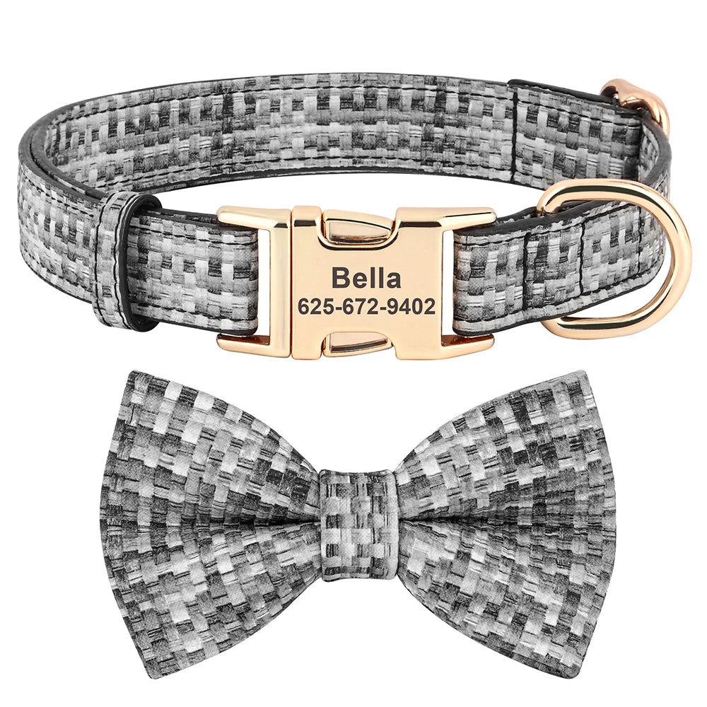 Custom Plaid Leather Dog Collar with Bow – Personalized Nameplate | Free Engraving | Small to Large Dogs