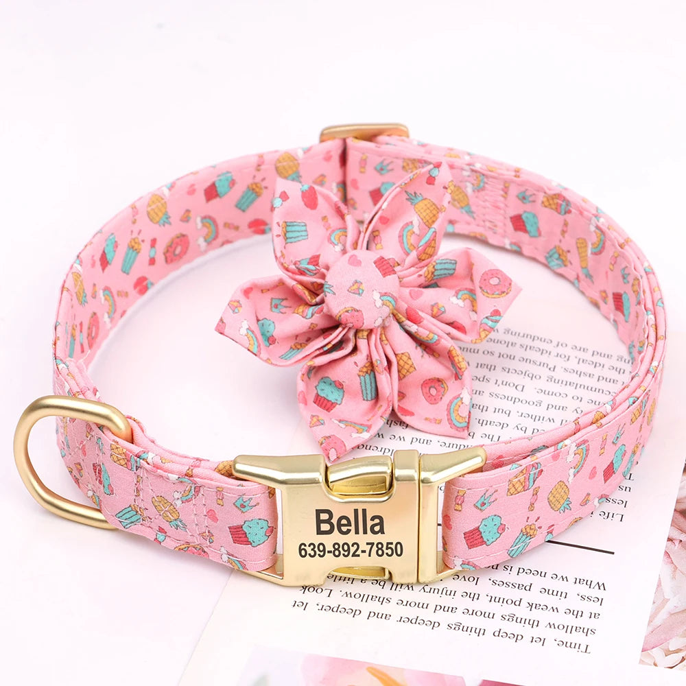 Personalized Dog Collar with Flower Print – Custom Engraved Nameplate | Adjustable Nylon Pet Collar for Small, Medium & Large Dogs