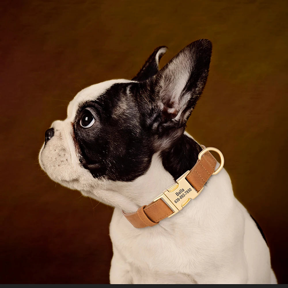 Custom Engraved PU Leather Dog Collar – Anti-Lost ID Tag Included